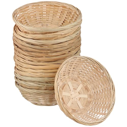 FUNSUEI Lot de 15 petits paniers ronds tressés à la main - 18 x 6 cm - Panier cadeau pour pain, fruits, cadeaux, rangement