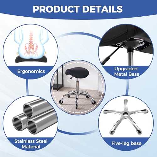ANWBROAD Saddle Stool with Wheels Ergonomic Swivel Adjustable Rolling Stool with PU Leather Thick Wide Saddle Seat Padding Comfortable Rolling Saddle Chair for Salon Massage Clinic Black UWSS001B