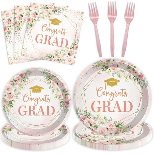 Joliaco 96 Pcs Blush Pink Floral Graduation Party Tableware Set Congrats Grad Disposable Paper Plates and Napkins Watercolor Flowers Class of 2026 Party Supplies for 24 Guests