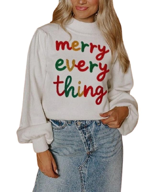 Women Christmas Sweater Merry Crew Neck Long Sleeve Sweaters Cute Letter Xmas Knitted Pullover