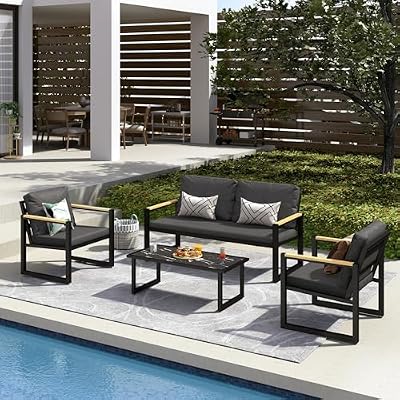GARTOO 4-Piece Patio Furniture Set, Outdoor Aluminum Conversation Sofa Sets with Coffee Table & Cushions Chairs - Perfect for Garden, Backyard, Porch, Lawn, Poolside, Deck