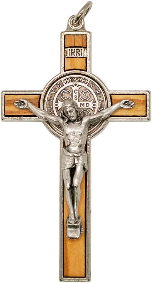 VILLAGE GIFT IMPORTERS Saint Benedict Medal Crucifix Pendant | Silver-Tone Metal and Wood | Patron Saint of Students and Europe | Great Catholic | Add to Necklace or DIY Rosary