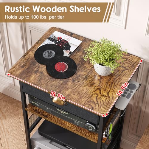 4-Tier AV Media Stand with Drawer, Video Game Console Shelf with 2 Hooks, Audio Rack Tower Perfect for/Xbox/ PS5/Switch/Game Consoles/DVD/Record Player/Projector/Sky Box/TV Accessories