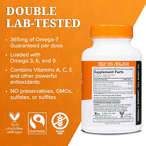 Sibu Omega-7 Softgels, Premium Organic Himalayan Sea Buckthorn Oil (60Ct), 365Mg Omega-7 Per Dose Guaranteed – Supplement For Healthy Skin, Hair, Nails And Dryness #TOP1