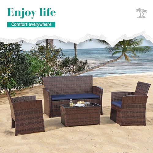 LUCIMUNDI 4 Piece Outdoor Patio Furniture Set, All-Weather Wicker Conversation Sets Include Coffee Table, Armchair, Loveseat, Sectional Furniture for Indoor Outdoor Backyard Pool Garden (Brown & Blue)