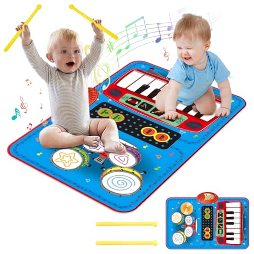 PATPAT® Blue Piano Keyboard Musical Mat for Kids 1-6 Years, 8 Sounds Kids Piano Play Mat Baby Girl 1 Year Old Baby Boy Birthday Gift Educational Toys for Interest Cultivation (28x17.7in)