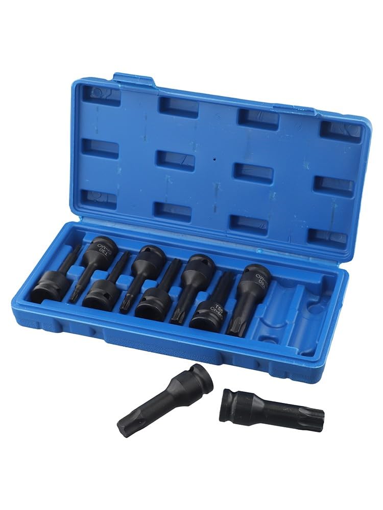 Set di 10 chiavi a bussola Torx da 1/2 pollici, T20 a T80, in acciaio cromato, in scatola di plastica