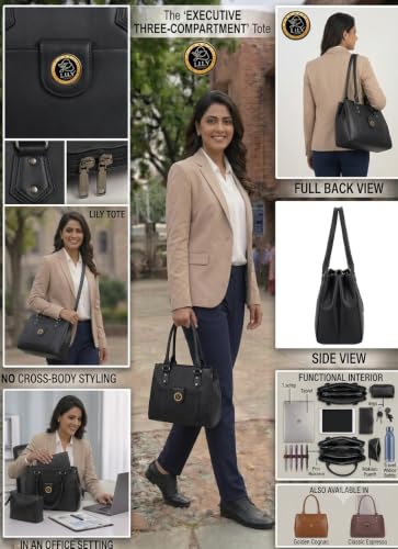 Image of Women's PU Leather Shoulder Handbag | Spacious 3 Compartment Tote Purse with Zip Closure & Multiple Pockets | Top Handle Office College Travel Handbag | 30 x 25 x 12 cm