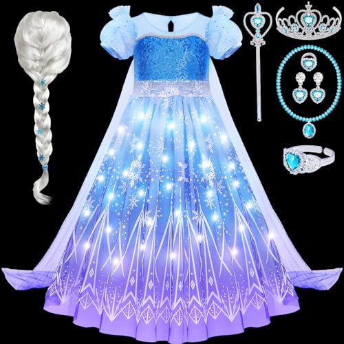 vamei Lumineux Déguisement Princesse Fille LED Robe Reine des Neiges Princesse Robe avec Perruque Baguette Couronne Princesse Fête Anniversaire Déguisement...