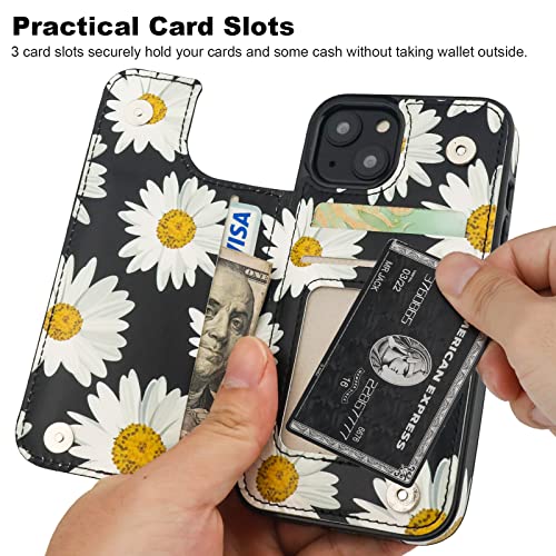 Image of HAOPINSH for iPhone 13 Case Wallet with Card Holder, Daisy Florals Pattern Back Flip Folio PU Leather Kickstand Card Slots Case for Women Girls, Double Magnetic Clasp Shockproof Cover 6.1 inch