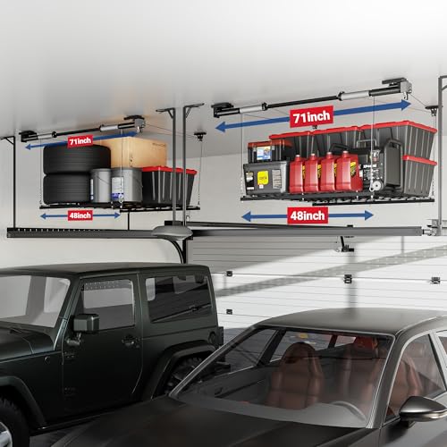 FLEXIMOUNTS Overhead Garage Storage Rack Lift, 4x4 Ft Heavy-Duty Garage Ceiling Storage Racks, Adjustable Organization System With 71'' L Axle, 300lbs Load Capacity, Flat Black