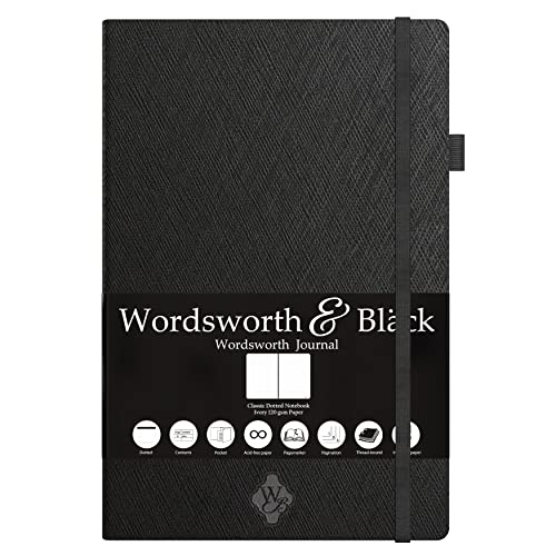 Cienki, klasyczny notes w kratkę z pętelką na długopis | A5 5,8 x 8,3 | Numerowane strony | Notes w kropki | Kieszeń wewnętrzna, Papier w kolorze kości słoniowej 120 g/m2 | Czarny