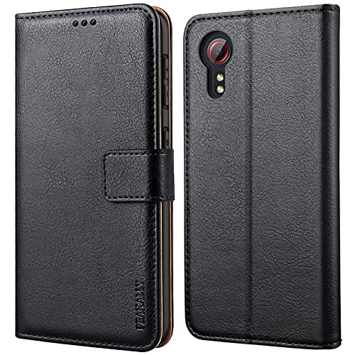 Peakally Funda Samsung Galaxy Xcover 5, Premium Piel Carcasa Samsung Galaxy Xcover 5 Cuero Fundas PU Case Suave con Concha Interna [Soporte Móvil] [Ranuras para Tarjetas] -Negro Cover