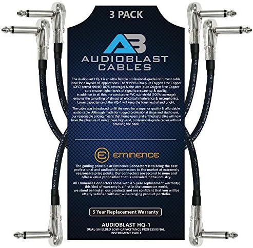3 Units - 6 Inch - Audioblast HQ-1 - Ultra Flexible - Dual Shielded (100%) - Instrument Effects Pedal Patch Cable w/ ¼ inch (6.35mm) Low-Profile, R/A Pancake Type TS Connectors & Dual Staggered Boots