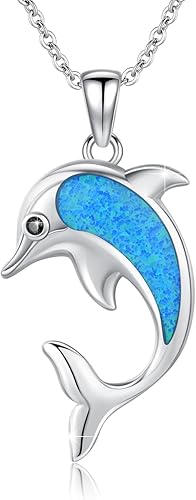 TUGHRA 925 Sterling Silver Ocean Necklace Summer Jewelry SharkDolphin Pendant Necklaces Blue Opal Ocean Necklace Cute Ocean Animal Gift for Women