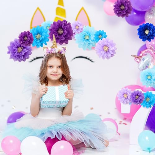 Image of Geyee 18 Pcs Mexican Paper Flowers Colorful Fiesta Tissue Paper Flowers Pom Poms Mexican Carnival for Floral Party Backdrop Wedding Birthday Party Craft, 6 inch 8 inch 10 inch(Blue Purple Series)