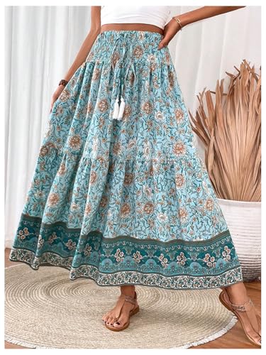 Verdusa Women's Floral High Waisted Ruffle Long Skirt Boho Drawstring Tiered Flowy Maxi Skirts4