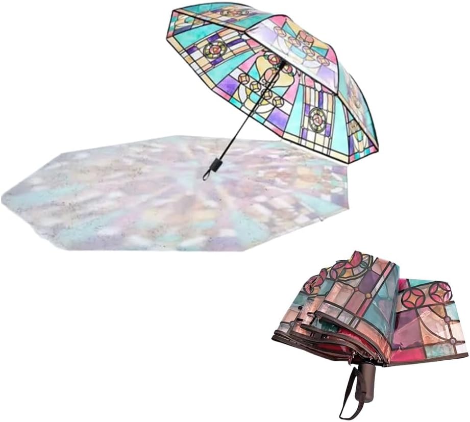 Vintage Stained Glass Automatic Umbrella,Transparent