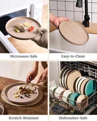 Image of Famiware Stoneware Dishes Dinnerware Sets for 6, Ribbed Plates and Bowls | 18pc Ceramic Dinner Set with Lipped Edges, Chip & Scratch Resistant , Microwave & Dishwasher Safe, Everyday Formal Use, Brown