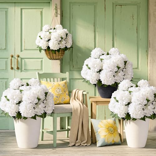 Ivydale Artificial Flowers for Outdoors, 4 PCS White Fake Silk Hydrangea Flower Stems for Bouquets UV Resistant Realistic Faux Plants Home Outdoor Wedding Party Centerpieces Decor image 1