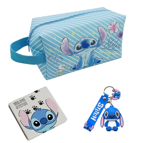 1 Stitc Trousse à Maquillage+1 Porte Clef+1 Mini Miroir,Sac de Maquillage de Voyage,Trousse de Toilette Femme,avec Miroir Cosmétique