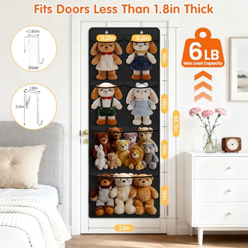 SpaceHacks Stuffed Animal Storage - Large Over the Door Organizer with 6 Expandable Mesh Pockets & Metal Hooks, Non-Woven Fabric Hanging Plush Items Holder for Nursery, Bedroom, Playroom (Black) — view 2