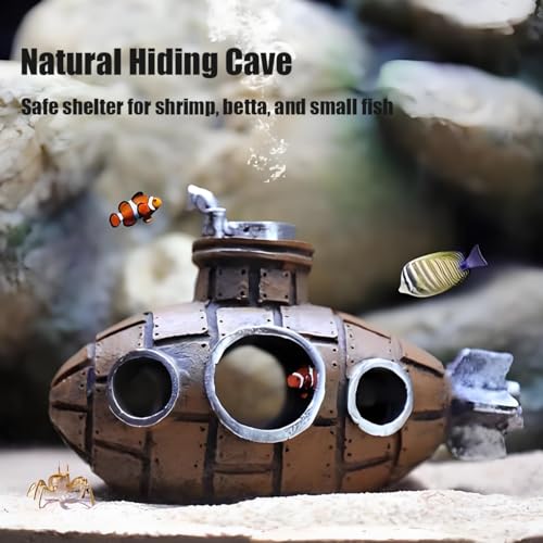 Image of Fish Tank Decorations, Aquarium Decor Thematic Ornaments, Cute Little Diver Aquarium Decoration Cartoon Fish Playmate with Submarine - Floating Aquarium Decorations (Submarine Gold)