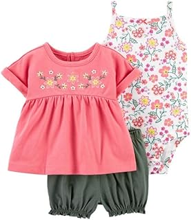 JiAmy Baby Girls 3-Piece Playwear Set, 3Pcs Girls Short Sleeve Shirt + Shorts + Bodysuit Set, Flowers, 3-6 Months