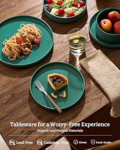 Image of Famiware Stoneware Dinnerware Set with Pasta Bowls, Sage Green Dishes for 6 | 24-Piece Ceramic Double Bowls & Flat Plates, Chip & Scratch Resistant, Microwave & Dishwasher Safe, Everyday Dining, Modern