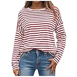 Generisch Damen Gestreiftes Crop Top, Slim Fit Langarm Ringelshirt Oberteil, Y2K Enger Rundhalsausschnitt T-Shirt Casual Niedliches Outfit Frauen Ausgehen Herbst Winter Tee Tops, Schwarz/Rot