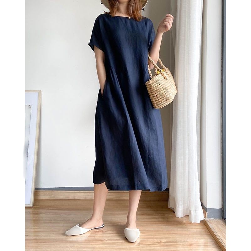 Robe mi-longue en coton frais et lin ample avec poches pratiques