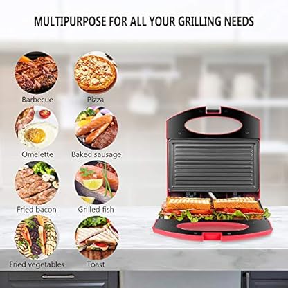 Gotoll Sandwichtoaster Panini Grill 750W, Sandwich- & Paninitoaster mit Antihaftbeschichteten Platten, Panini Maker leichte Reinigung, Plattengriller Toaster, Rot – Bild 3