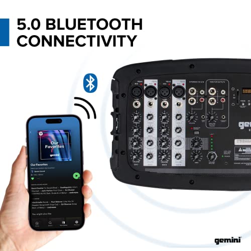 Gemini Sound Es-210Mxblu-St Portable Pro Audio Bluetooth 600 Watts Pa System, Two 10" Woofer Speakers And Microphone Included, Detachable 8 Channel Mixer, 4 Line/Mic And Sd Inputs W/Stands #TOP3