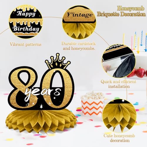 80th Birthday Decorations Set, 1946 Table Toppers for Women Men Birthday Party Supplies, Happy 80 Year Old Table Decoration for Grandpa Grandma, 9Pcs Black & Gold Honeycomb Centerpieces - 3
