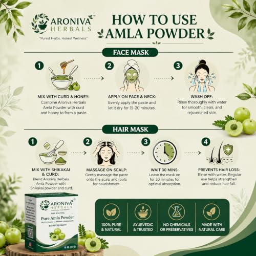 Image of Aroniva Herbals Pure Organic Amla Powder for Hair Growth, Glowing Skin & Immunity | Indian Gooseberry (Emblica Officinalis)