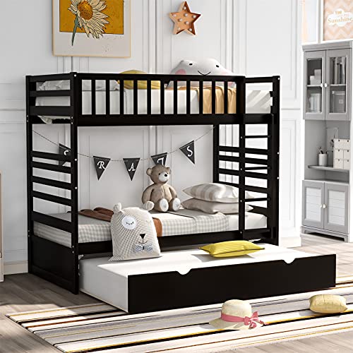 Harper & Bright Designs Twin Over Twin Bunk Bed With Trundle, Wood Bunk Beds With Safety Rail And Ladder, Twin Size Bunk Bed Frame For Kids ,Teens, Adults (Espresso) #TOP27