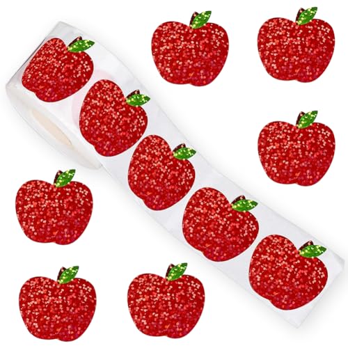 Image of 500Pcs Back to School Apples Stickers Roll Red Laser Sparkly Apples Label 1in Waterproof Decals Self-Adhesive Holographic Stickers for Envelope Scrapbook Decor First Day of School Party Supplies