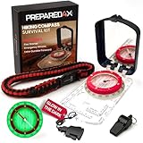 PREPARED4X Hiking Compass Survival – Mirror Sighting Map Orienteering Compass – with 35-Ft 550 Survival Paracord Lanyard, Fire Starter, Whistle, Fishing Line, Tinder Cord
