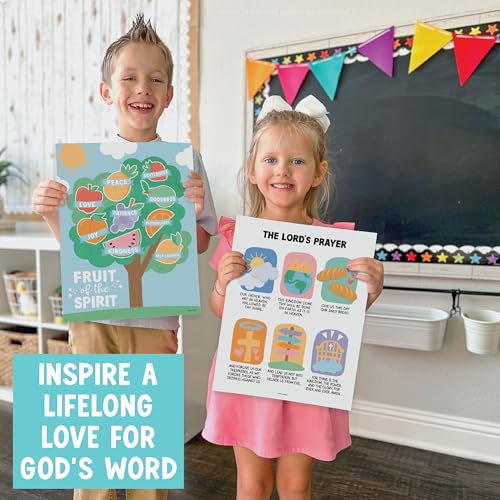 Image of Hadley Designs Sunday School Decorations for Classroom -9 Bible Posters for Kids, Books of the Bible, 10 Commandments, Bible Timeline Chart, Fruits of the Spirit, Pastel Christian Classroom Decor