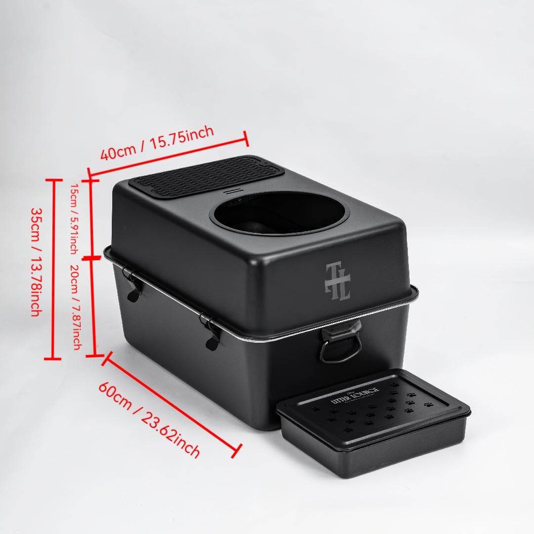 304 Stainless Steel Fully Enclosed Top-Entry Cat Litter Box Leak-Proof Design, Metal Scoop & XL Litter Mat, Side Clamps & Handles for Large Cats (Black, X-Large) - image 3