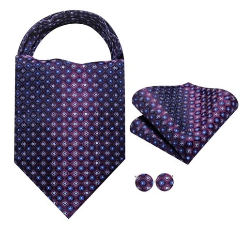 Image of Hi-Tie Silk Ascot for Men Self Tie Men's Cravat and Flower Lapel Pin Handkerchief Cufflinks Set for Wedding Party
