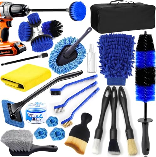 DGHEYQT 26Pcs Car Detailing Kit, Car Detailing Brush Set, Auto Detailing Drill Brush Set, Car Detailing Brushes, Car Wash Kit, Car Accessories, Car Cleaning Tools Kit for Interior, Exterior, Wheels
