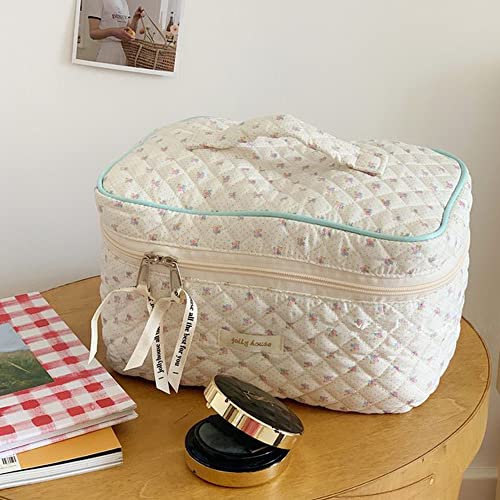 Cessfle Kawaii Cotton Makeup Bag Large Travel Cosmetic Bag Quilted Coquette Makeup Pouch Aesthetic Floral Toiletry Bag #TOP1