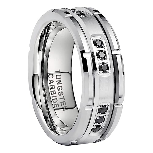 8mm Silver/Black Tungsten Rings for Men Women Promise Engagement Eternity Wedding Bands Black Cubic Zircon Stone Inlay All Around Matte Finish Comfort Fit