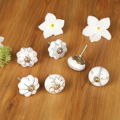 Image of Craft Trade Ceramic Furniture Knobs for Drawer Wardrobe Kitchen Desk Cabinets Dressers Cupboards Vintage Assorted Decorative Golden Print Pull Handle Interior Decor - Pack of 6, Cream