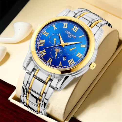 Image of ORUSS Men's Analog Quartz Watch with Stainless Steel Band, Waterproof, Date Display, Two-Tone Casual Wristwatch