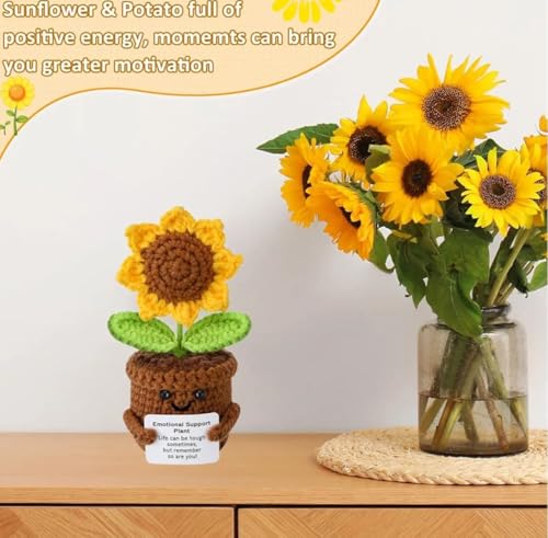 Image of VRB DecTM 1 Pcs Crochet Flowers Artificial Sunflower for Office Desk Car Dashboard Decor,Home Decoration, Office, Bedroom (Emotional Support Sunflower Artificial Plants with Crochet Pot - 1 Pcs)