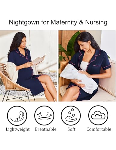 Image of Ekouaer Nightgowns for Women Bamboo Viscose Sleep Shirts Button Down Night Shirt Short Sleeve Boyfriend Pajama Dress