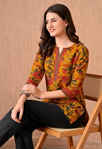 Image of Amazon Brand - Tavasya Women Floral Printed Short Kurti | Round Neck with Slit Stylish Kurta | 3 /4th Sleeve Modern Top | Regular Fit