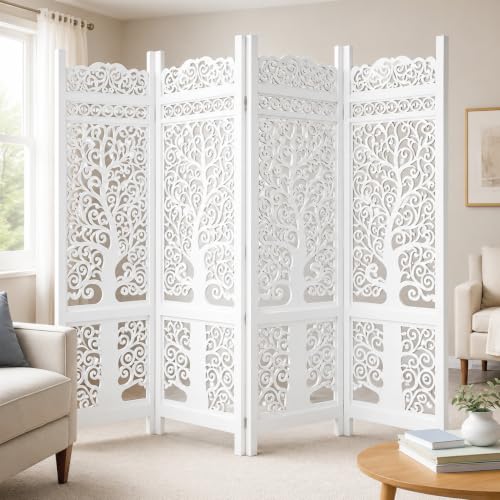 Image of Wooden Handcrafted Wooden Partition for Room Elegant Carved Premium Carved Wooden Partition Screen for Bedroom /Living Room /Home /Office (6 Feet 4 Panel) (6 Feet 4 Panel New Tree Design)